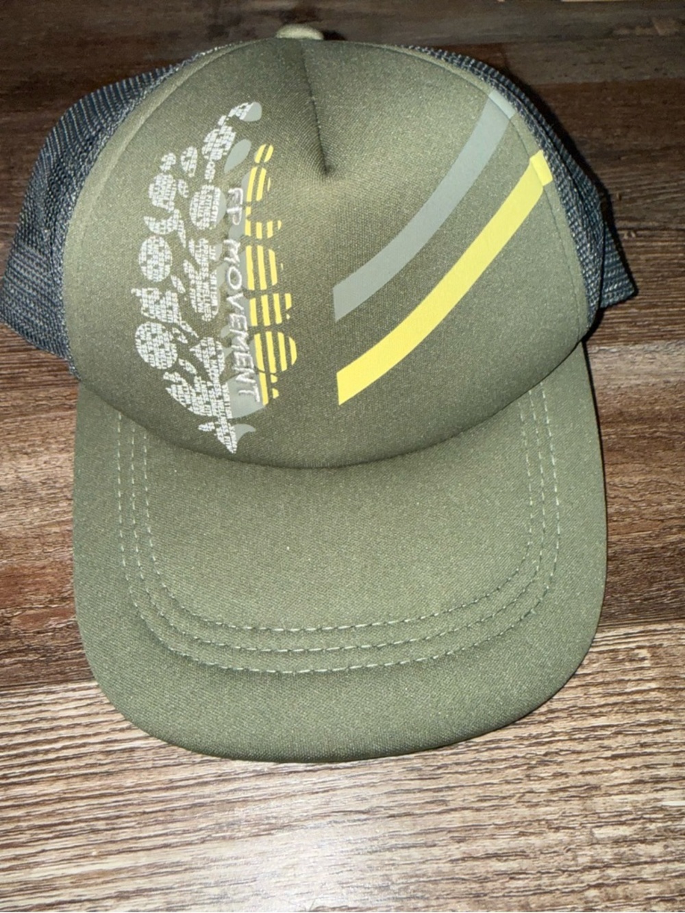 Free People Olive Green Trucker Hat with Yellow and Gray Accents